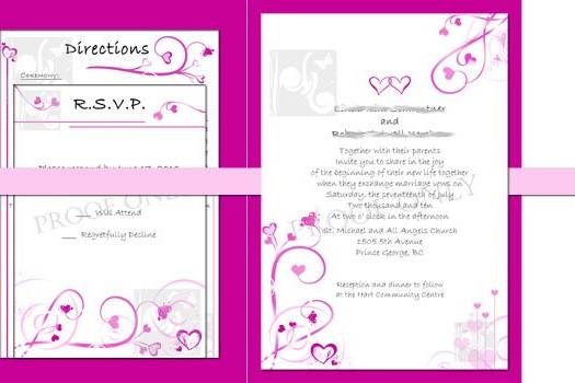 Heart Themed Wedding with Pink and Fuchsia accent colors enclosed in a Booklet Fold with wrap around ribbon.