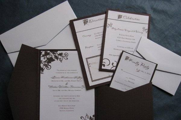 Winery Themed Wedding Invitations with Grapes and Vines in Ivory and Chocolate Brown Accent Colors