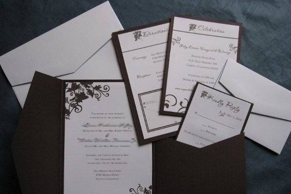 Damask Style Wedding Invitations with Purple and Gray Accent Colors in a Pocket Envelopment