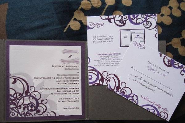 Damask Style Wedding Invitations with Purple and Gray Accent Colors in a Pocket Envelopment