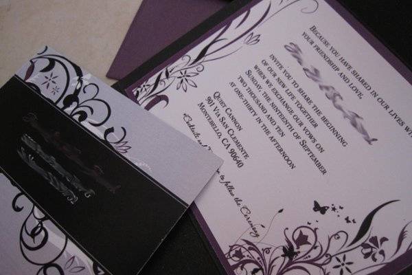 Floral and Swirl Inspired Wedding Invitations with Butterflies and Black and Violet Accent Colors