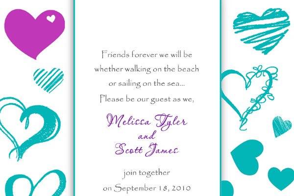 Heart Themed Wedding Invitation with Turquoise and Fuchsia Accent Colors