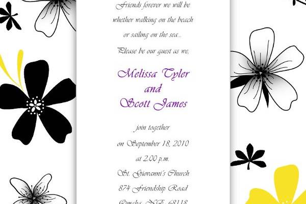 Floral Themed Wedding Invitation with Black and Yellow Accent Colors