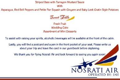 In Flight Announcement Style Menu Cards for your Travel-Themed Wedding