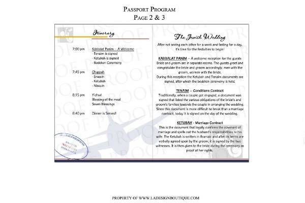 Passport Styled Programs with Itinerary listed as well as Custom Monogram watermark and entry stamps just like a real passport!   Borders to accent your wedding colors as well.