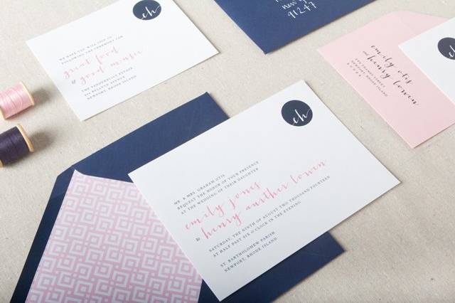 The Declan invitations feature a modern monogram and are a perfect fit for couples who want a contemporary touch on a more traditional invitation. Shown here in a classic navy and peony pink, this time-honored style is clean, crisp and ready to impress your guests!