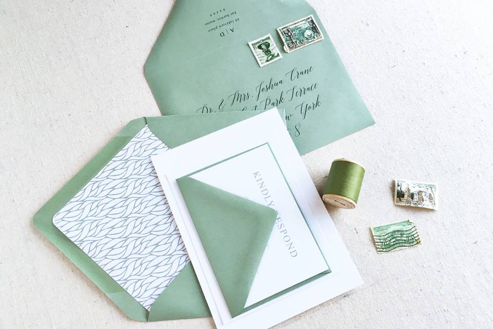A sophisticated mix of modern and traditional the Adams wedding invitation suite is perfectly suited for a variety of event styles. Shown above in a dusty olive green, ready to announce your chic fall fete.