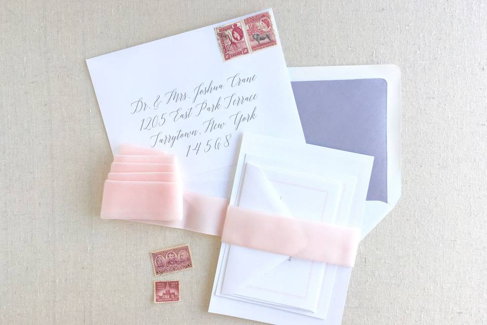 Timeless and traditional, Brianne is shown here in a soft ballet slipper pink and pewter grey. This invitation suite is perfect for any elegant and refined event.
