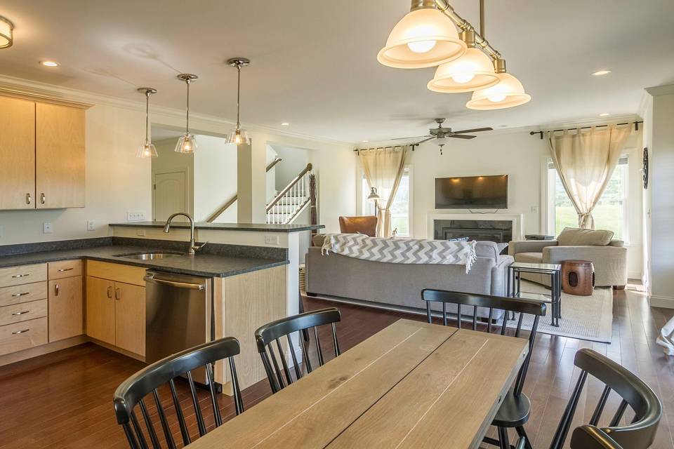 Gambrel living room and kitche