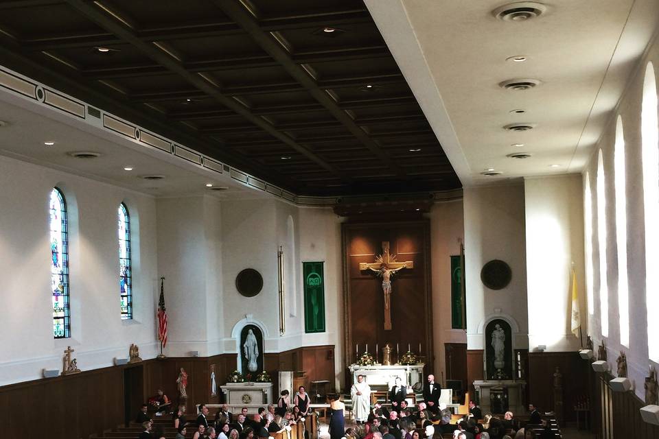 Shot from choir loft at St. Joseph's Church in Kings Park, NY.  Catholic wedding ceremony.  Solo Viola performance.