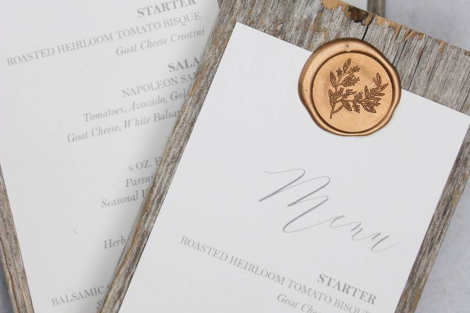 Wood menus with copper seal