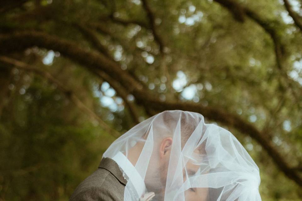 Bride & groom under veil
