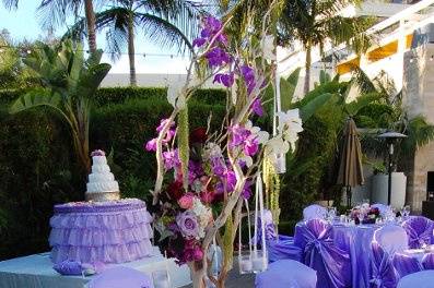Lavender satin linens, Pelican Hill Hotel and Resort outdoor wedding reception