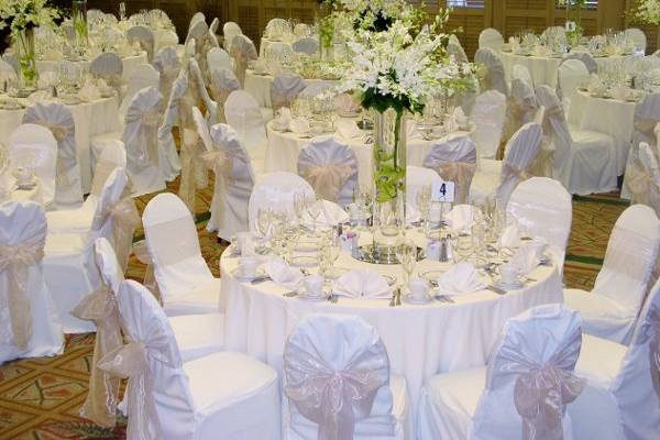 Burgundy satin crush shimmer table cloth and chair covers with pink satin napkins and ties