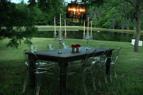 Farm table with ghost chairs. Rustic and modern used together.