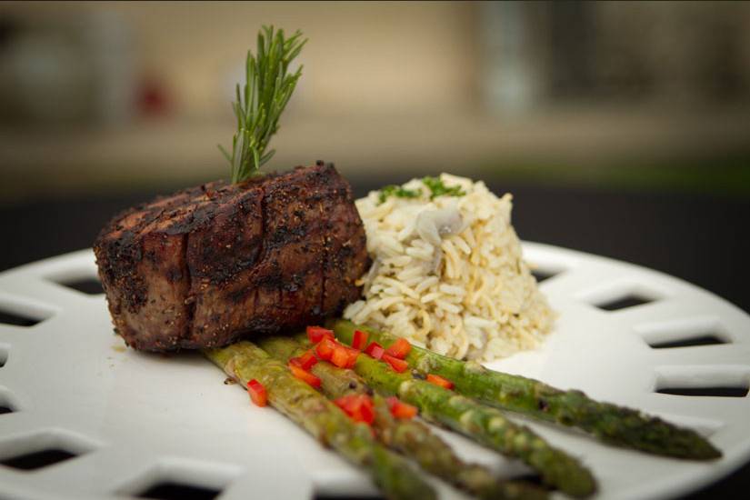 Grilled filet mignon, grilled asparagus & chef's rice pilaf