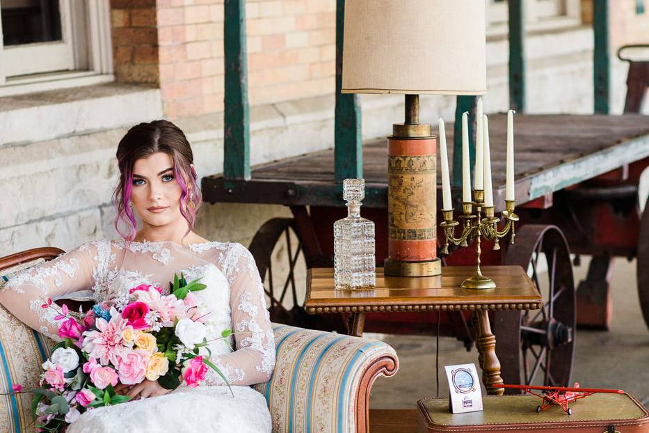 Beautiful bride, train station