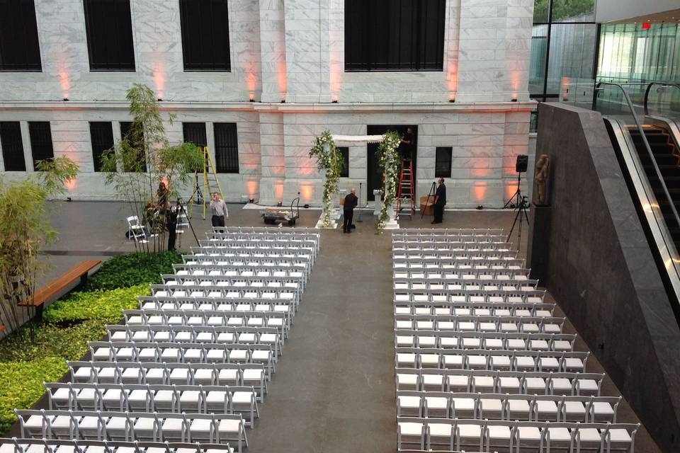 Portion of the Atrium (West) set for wedding ceremony