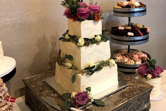 Square cake and dessert tower