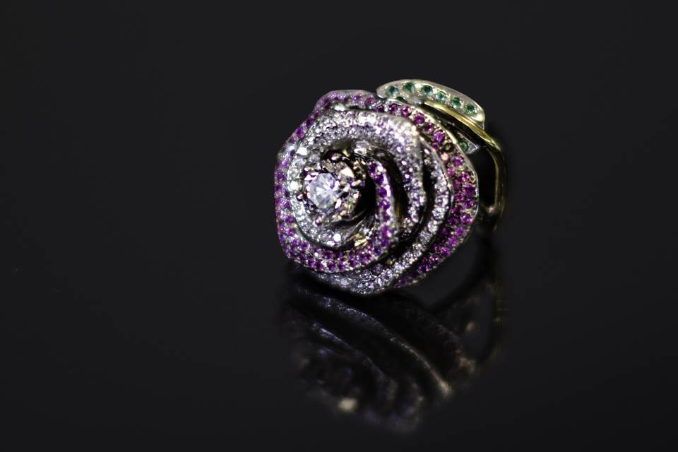 Custom Made and One of a Kind - 14k White Gold Rose inspired ring! Set with Pink Sapphires, Emeralds, and 18k Yellow Gold