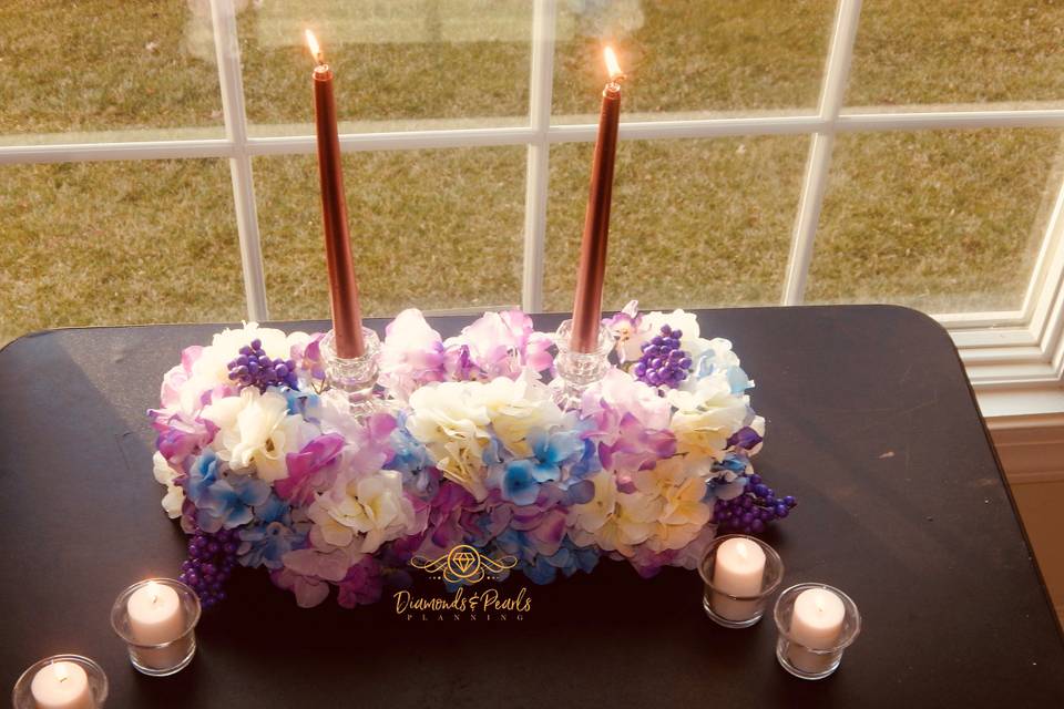 Purple and white centerpiece