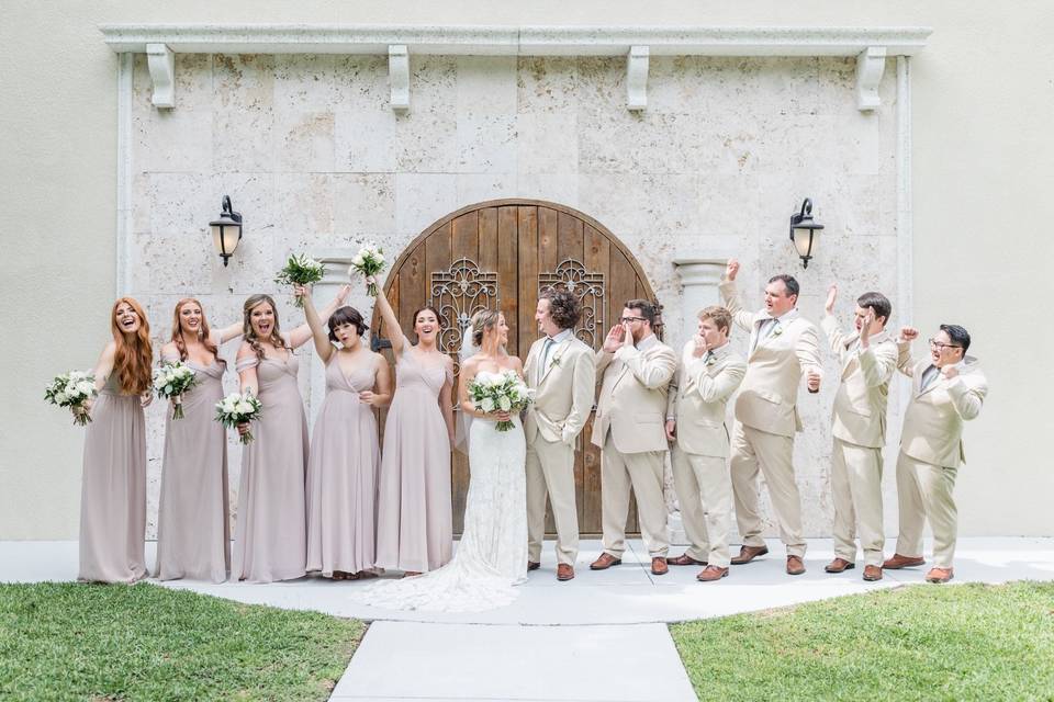 Wedding party cheering