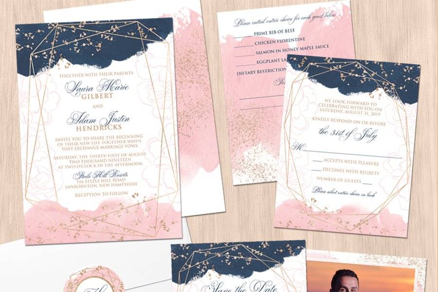 Navy blush wedding invite set