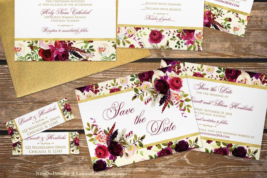 Rose floral wedding invite set