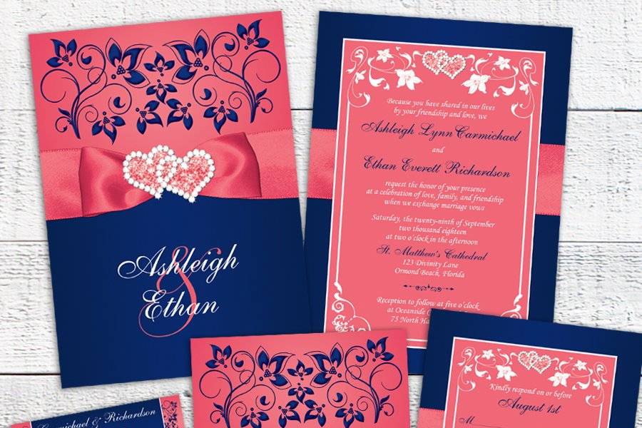 Coral, Navy Floral Hearts