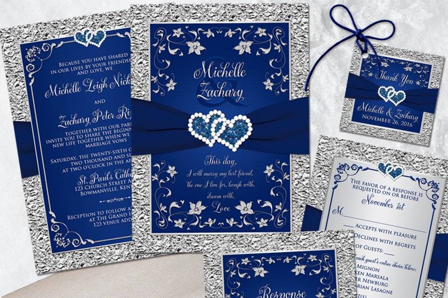 Navy Blue Silver Floral Hearts