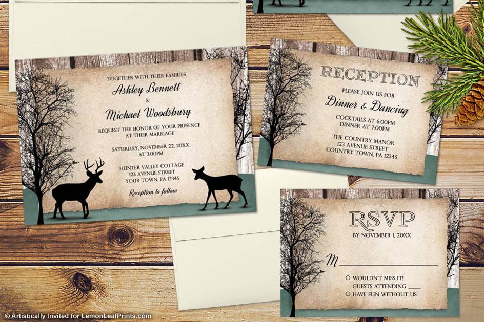 Rustic deer wedding invite set