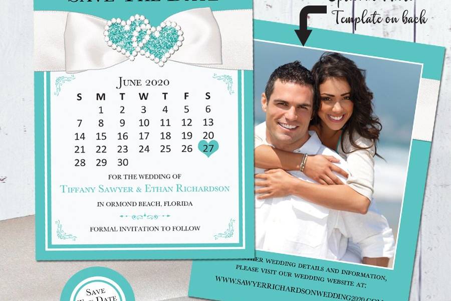 Teal, White Save the Date
