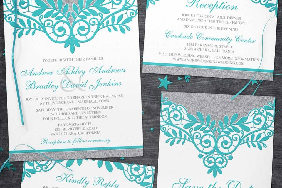 Turquoise lace wedding invites