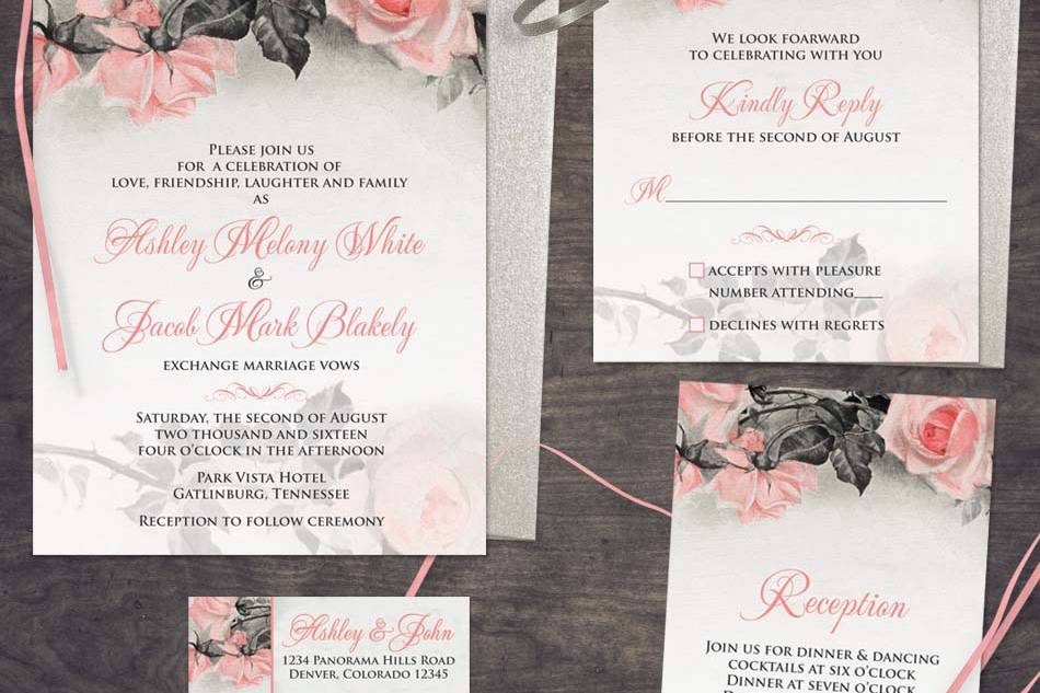 Blush rose wedding invite set