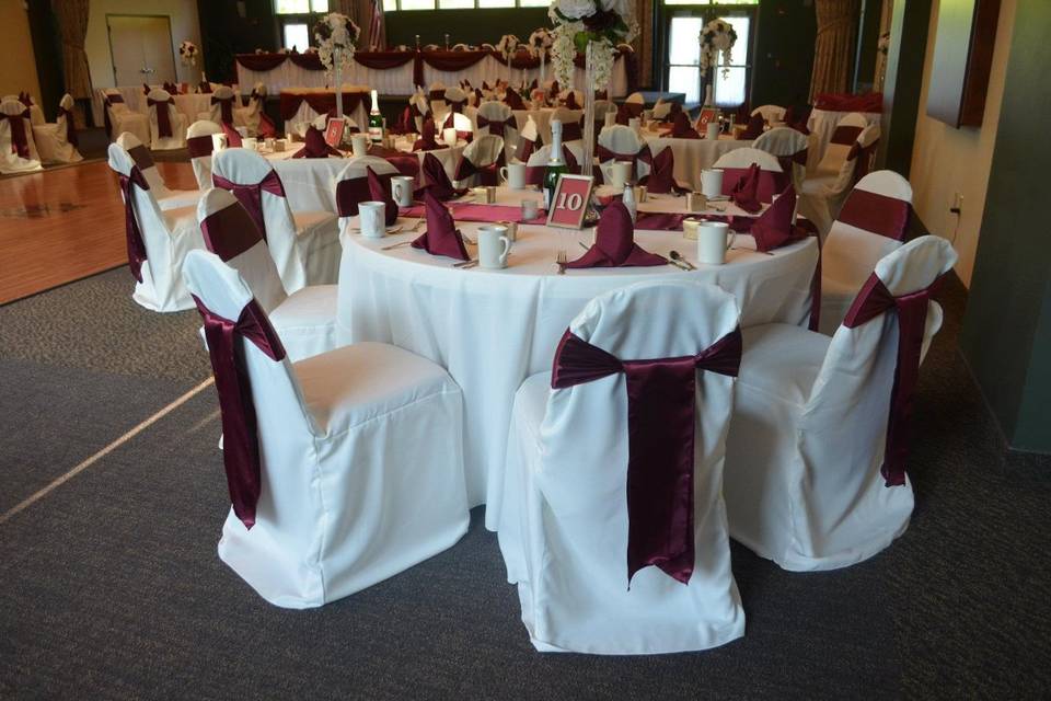 White Banquet Chair Covers, Burgundy Satin Sashes & Table Runners