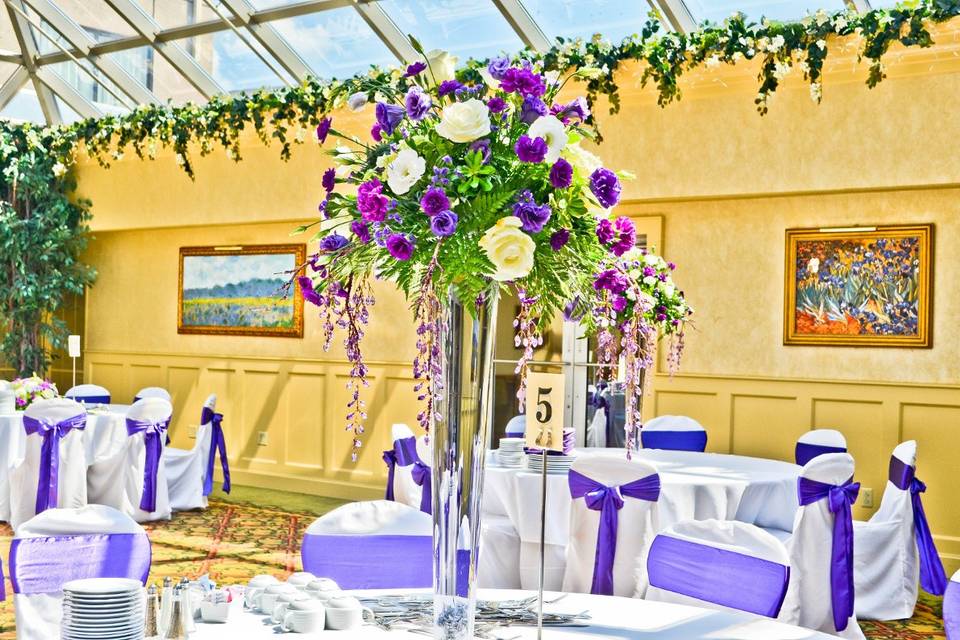 White Banquet Chair Covers & Purple Satin Sashes