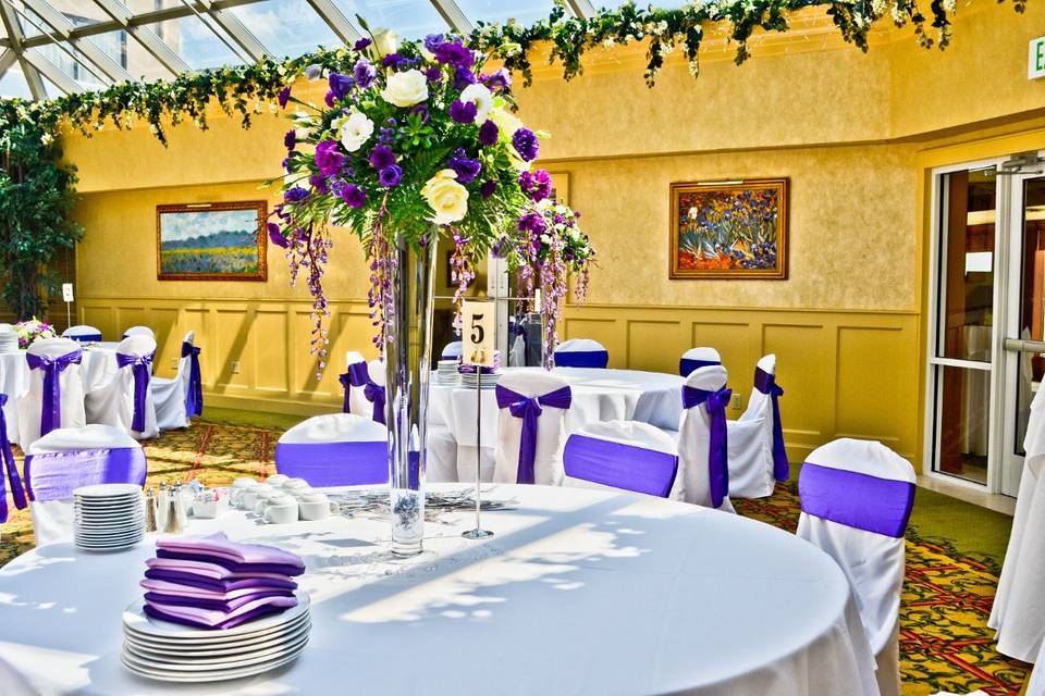 White Banquet Chair Covers & Purple Satin Sashes