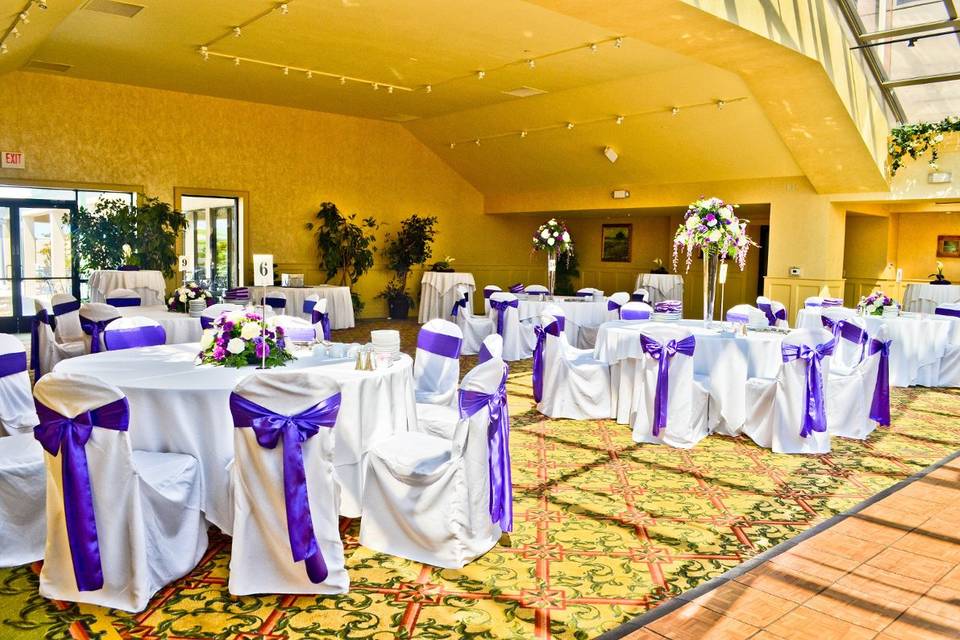 White Banquet Chair Covers & Purple Satin Sashes