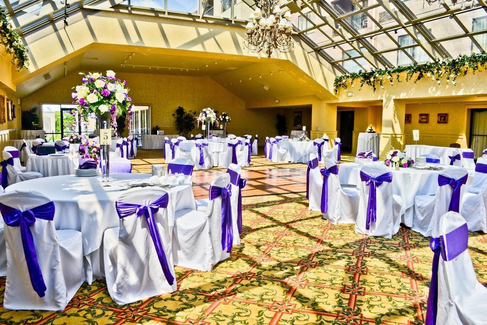 White Banquet Chair Covers & Purple Satin Sashes