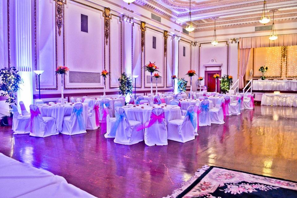 White Banquet Chair Covers, Fuchsia & Turquoise Organza Sashes