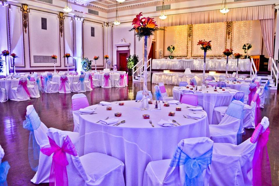 White Banquet Chair Covers, Fuchsia & Turquoise Organza Sashes