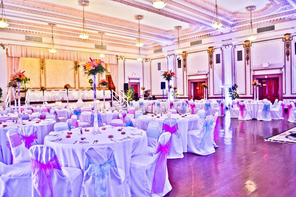 White Banquet Chair Covers, Fuchsia & Turquoise Organza Sashes