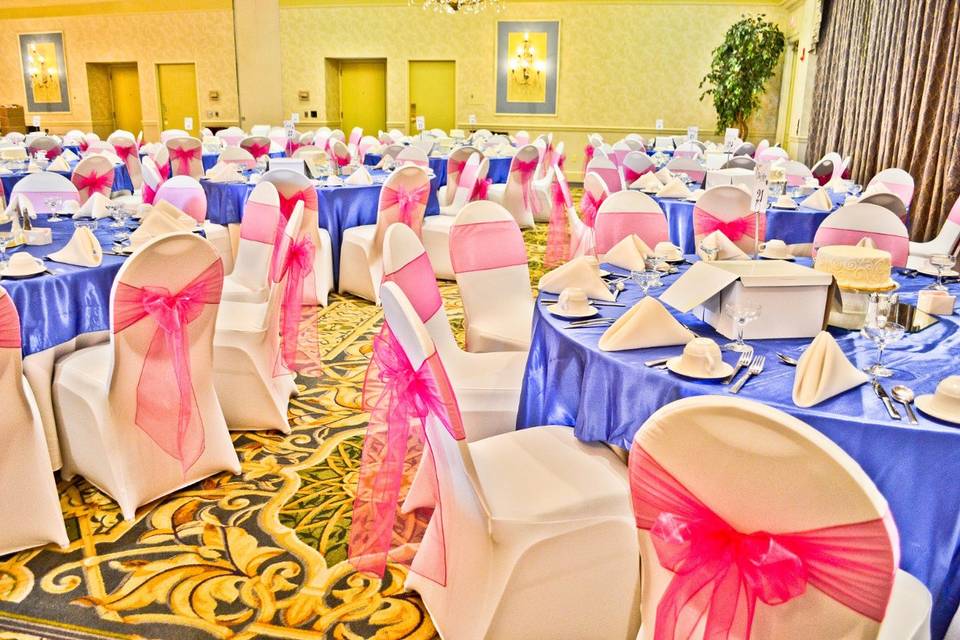 Ivory Spandex Chair Covers, Royal Blue Satin Table Overlays, & Fuchsia Organza Sashes