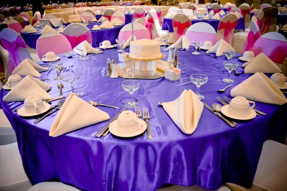 Ivory Spandex Chair Covers, Royal Blue Satin Table Overlays, & Fuchsia Organza Sashes