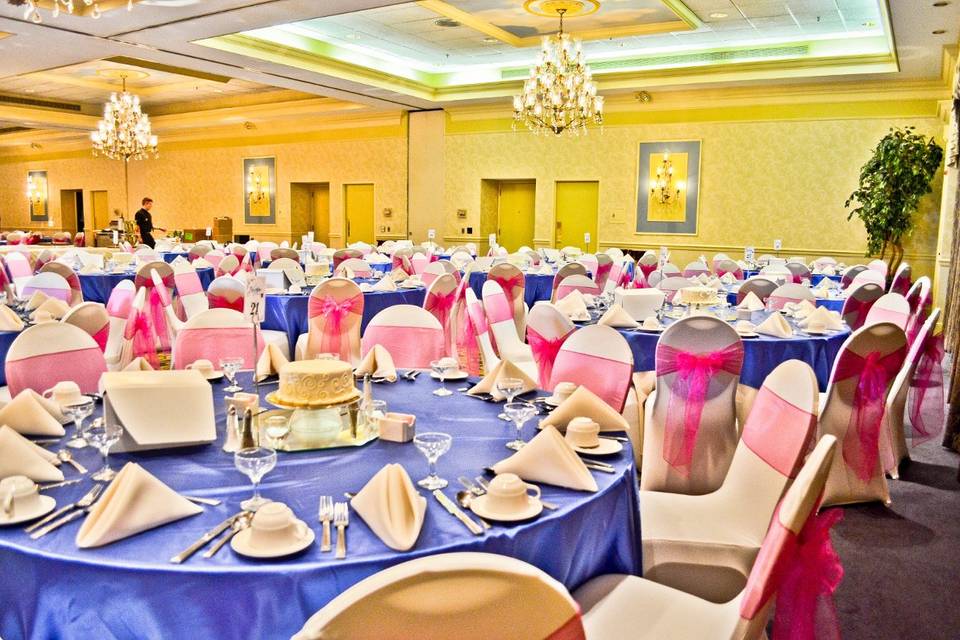 Ivory Spandex Chair Covers, Royal Blue Satin Table Overlays, & Fuchsia Organza Sashes