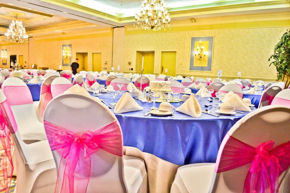 Ivory Spandex Chair Covers, Royal Blue Satin Table Overlays, & Fuchsia Organza Sashes