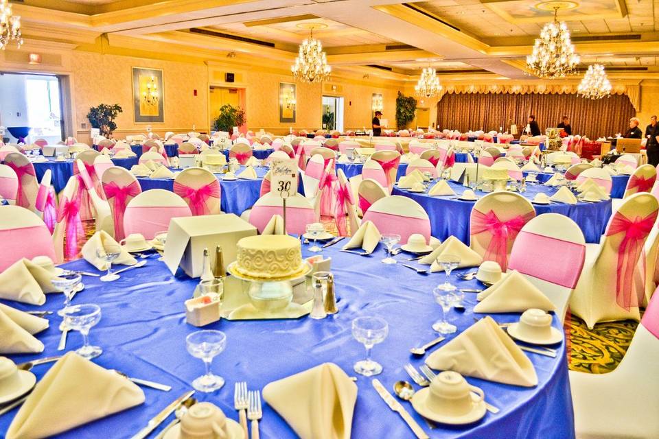 Ivory Spandex Chair Covers, Royal Blue Satin Table Overlays, & Fuchsia Organza Sashes