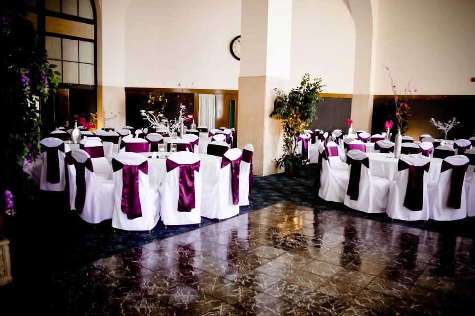 White Banquet Chair Covers & Plum Satin Sashes