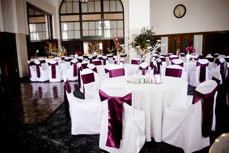 White Banquet Chair Covers & Plum Satin Sashes