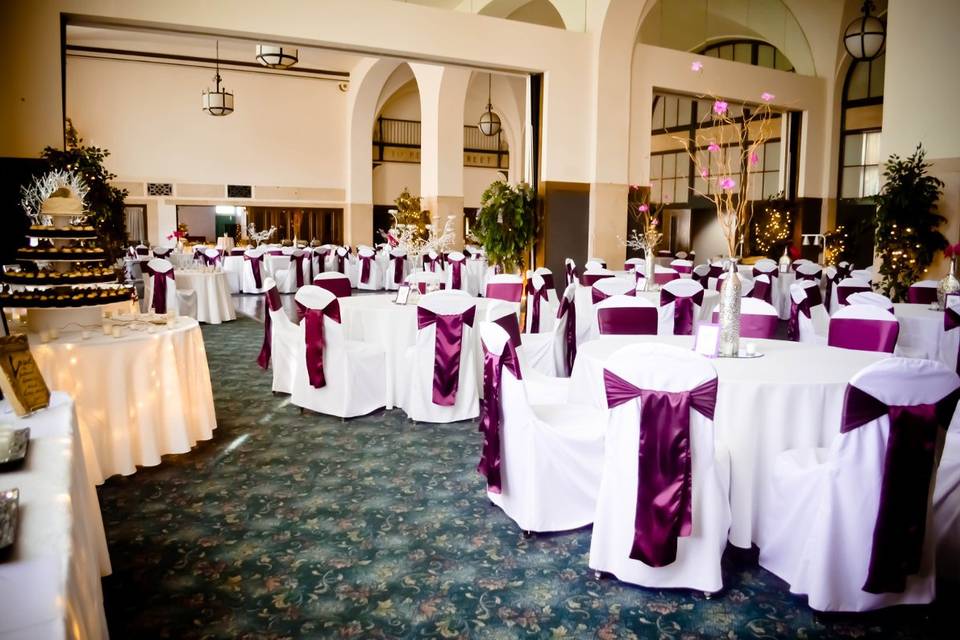 White Banquet Chair Covers & Plum Satin Sashes